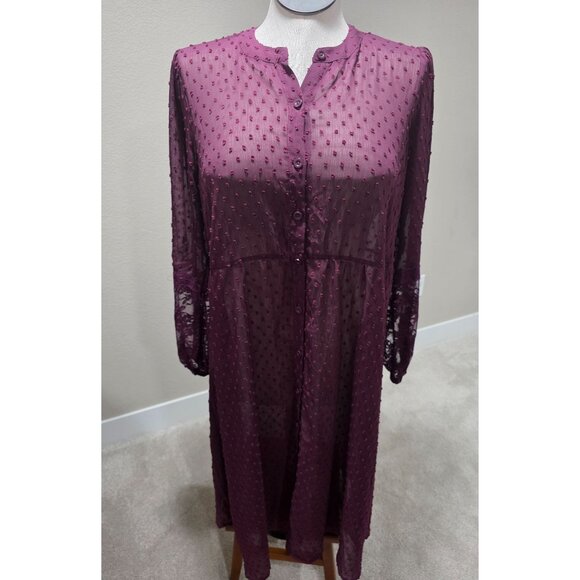 Sheer Plum Button-Front Textured Tunic Dress With Lace Sleeves Women's M/L - Picture 1 of 9